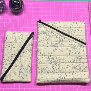 Cream Quilted Pouches with Black Zipper